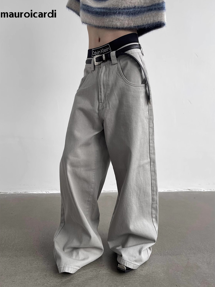 Mens Fashion Dark Grey Pants - Mauroicardi 가을 회색 흐르는 헐렁한 넓은