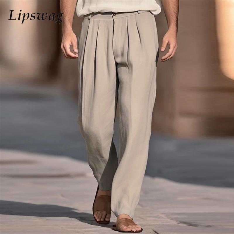 Men'S Fashion Linen Pants - 캐주얼 통기성 솔리드 컬러 리넨 바지