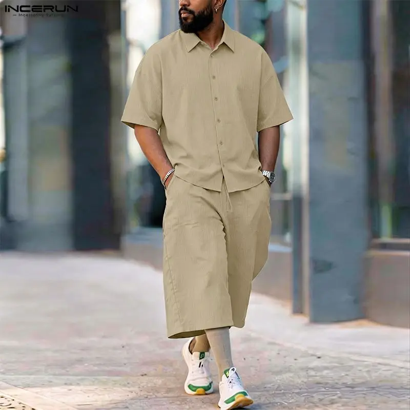 Mens Fashion Casual 2026 - INCERUN 남성 세트 솔리드 라펠 반팔