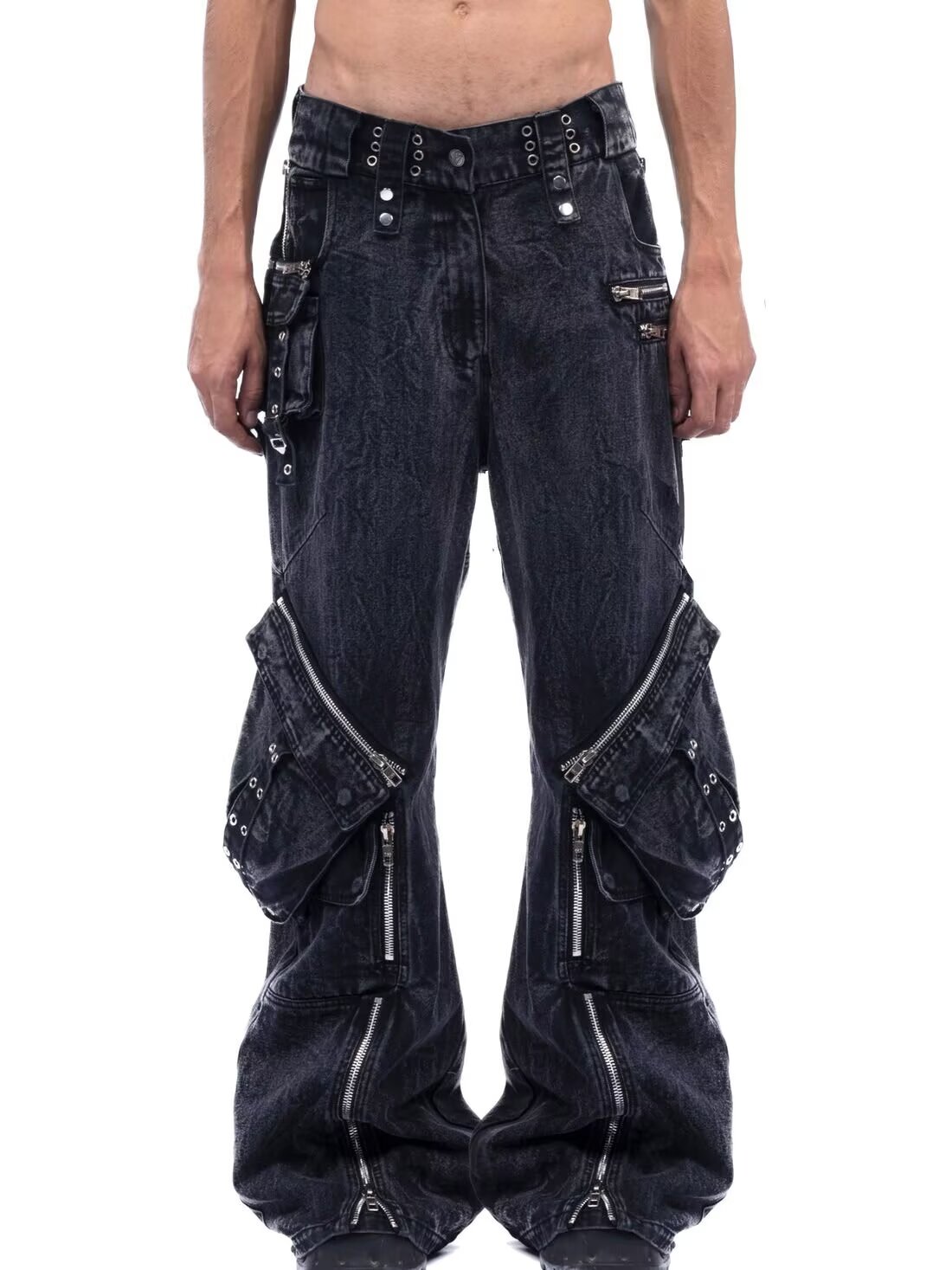 Men'S Fashion With Baggy Jeans - Y2K 블랙 고딕 펑크 멀티 포켓