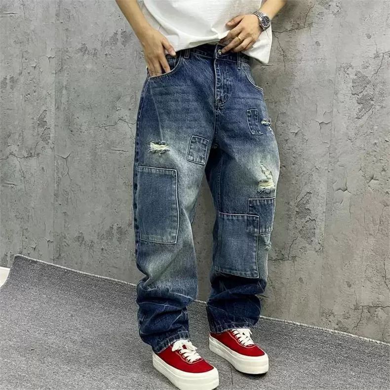 Men'S Fashion With Baggy Jeans - 브랜드 스플라이싱 진 가을 패션 루즈