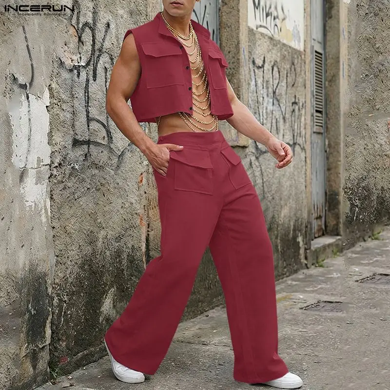 Mens Fashion Casual 2026 - INCERUN 남성 세트 솔리드 민소매 크롭