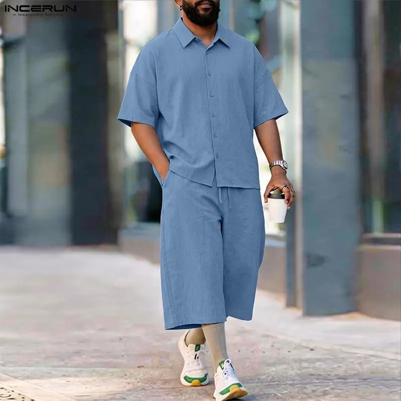 INCERUN 남성 세트 솔리드 라펠 반팔 셔츠 바지  - Mens Fashion Casual 2026 리뷰 및 가격