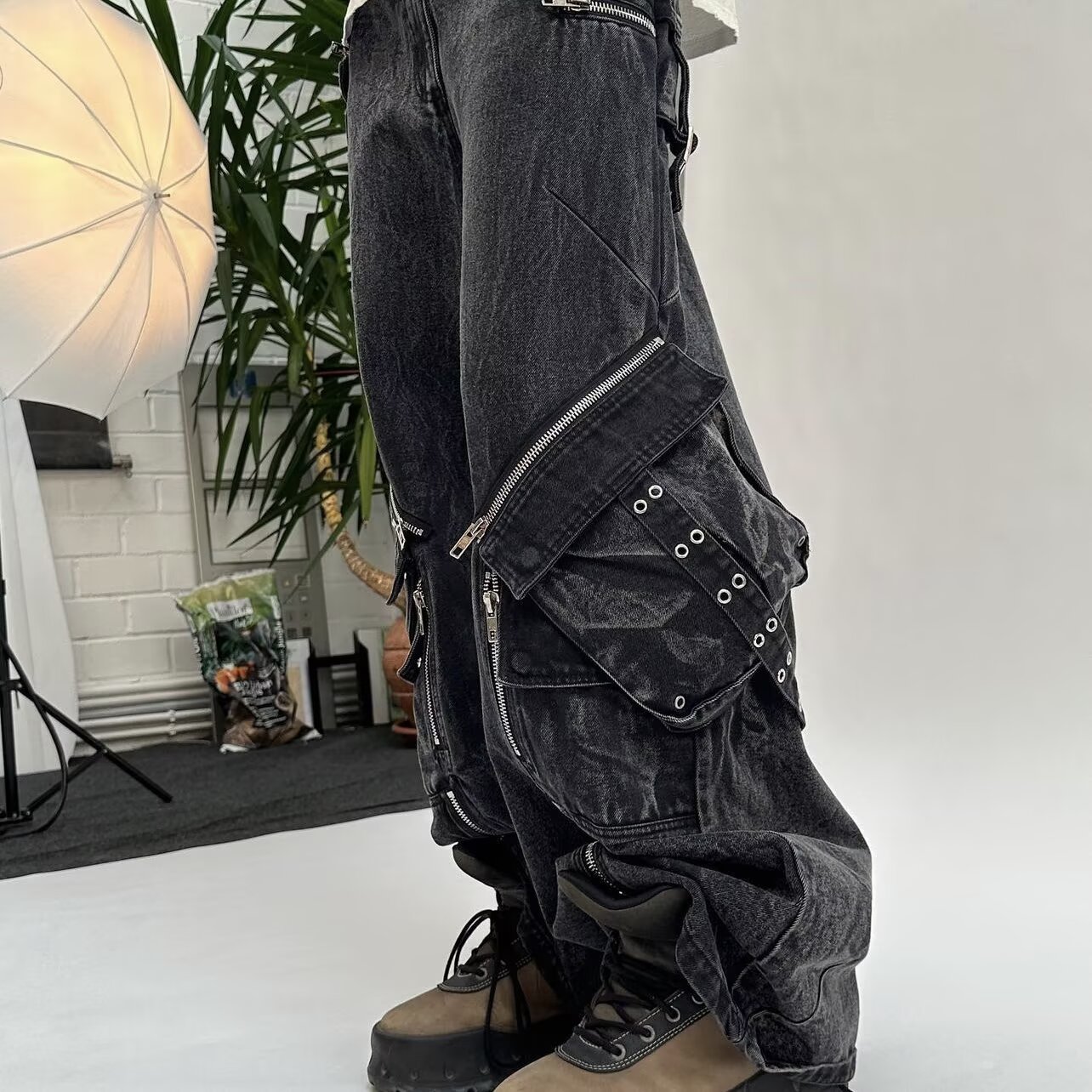 Y2K 블랙 고딕 펑크 멀티 포켓 지퍼 블랙 청바지 남 - Men'S Fashion With Baggy Jeans 리뷰 및 가격