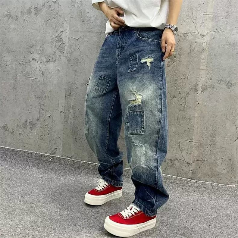 브랜드 스플라이싱 진 가을 패션 루즈 스트레이트 하렘  - Men'S Fashion With Baggy Jeans 리뷰 및 가격