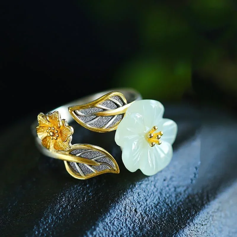 925 실버 화이트 Hetian 옥 꽃 조절 링 쥬얼리 - Men'S Fashion Rings 리뷰 및 가격