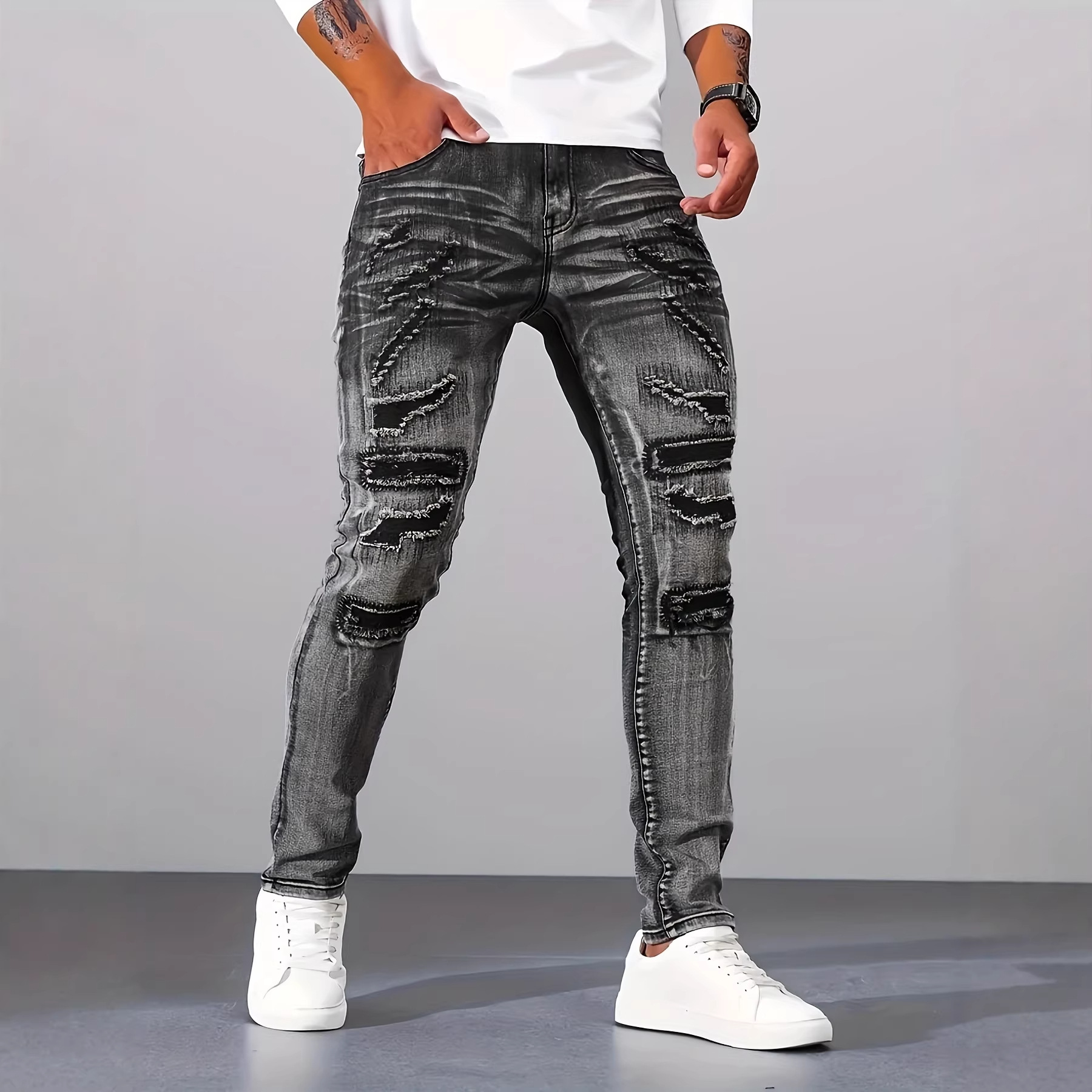 남성 그레이 슬림 심플 캐주얼 데일리 홀 패치 슈퍼 스 - Men'S Fashion Grey Jeans 리뷰 및 가격