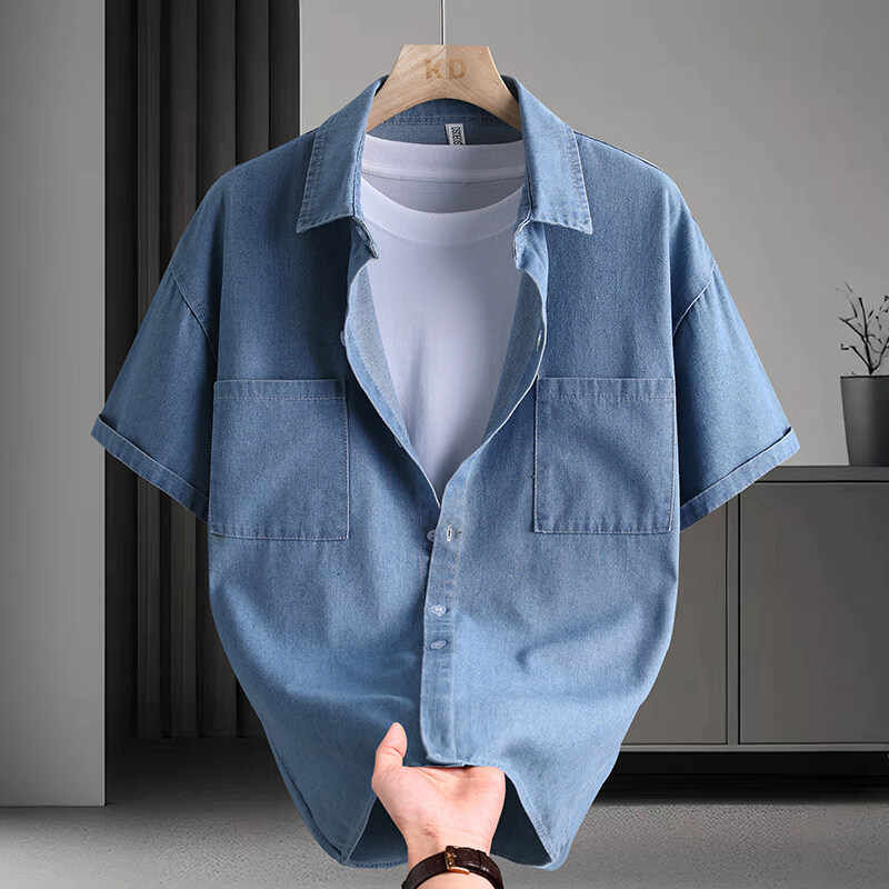 남성 데님 셔츠 여름 패션 솔리드 컬러 통기성 면 혼방 - Mens Fashion Urban 리뷰 및 가격